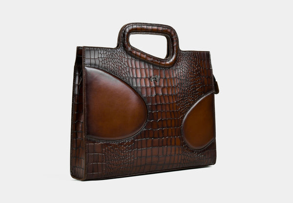 'Echelon Luxe' Croc Brown Leather Laptop Bag Unisex