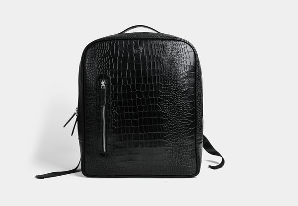 'Opulent Voyage' Croc Black Leather Backpack