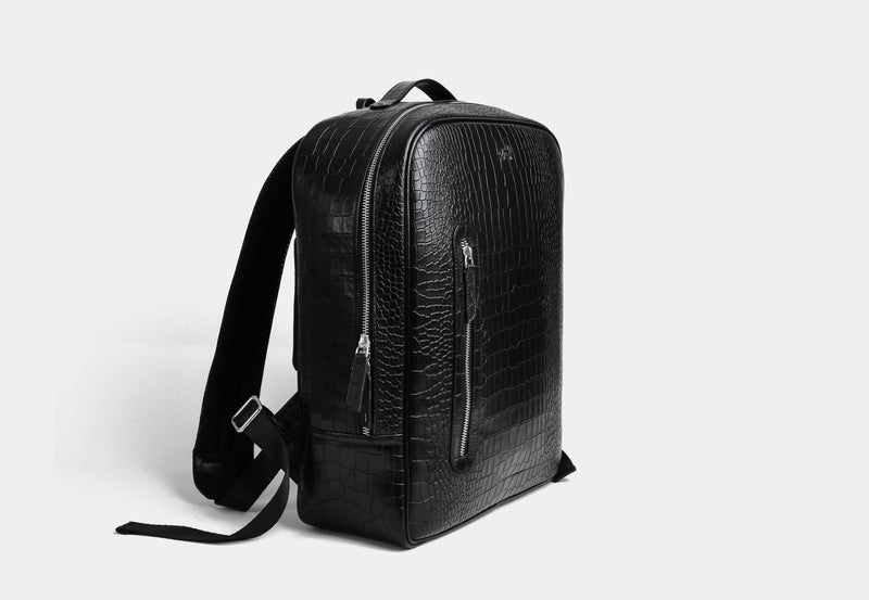 'Opulent Voyage' Croc Black Leather Backpack