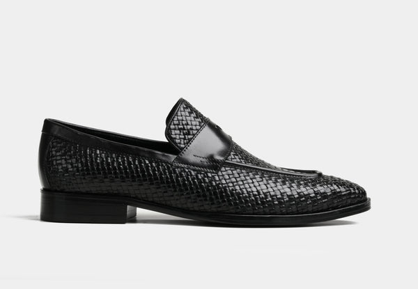 AIDEN | MEN BLACK WEAVED LEATHER SLIP-ONS