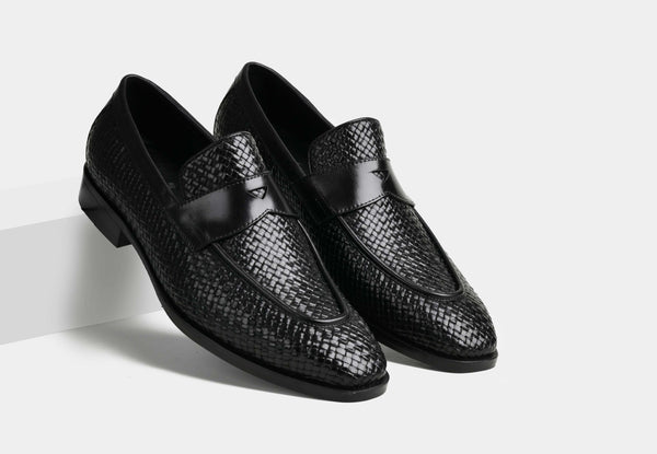 AIDEN | MEN BLACK WEAVED LEATHER SLIP-ONS