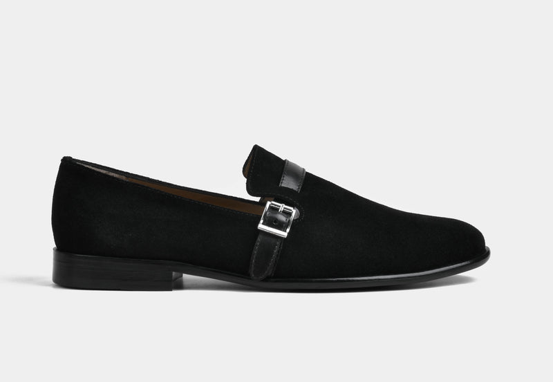 ASHER | MEN BLACK SUEDE BUCKLE SLIP-ONS