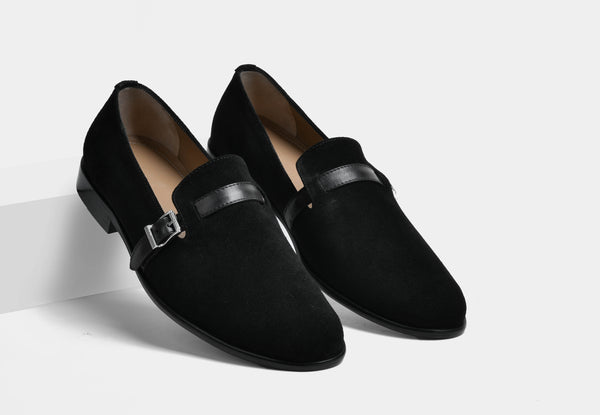 ASHER | MEN BLACK SUEDE BUCKLE SLIP-ONS