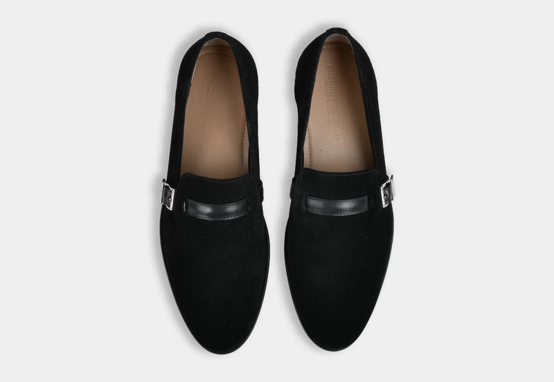 ASHER | MEN BLACK SUEDE BUCKLE SLIP-ONS