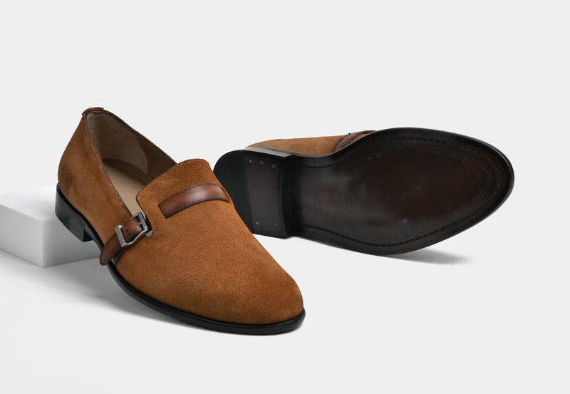 ASHER | MEN TAN SUEDE BUCKLE SLIP-ONS