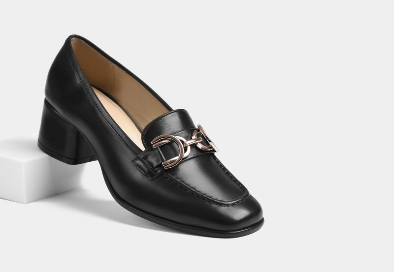 CELIA HEEL LOAFERS IN BLACK LEATHER