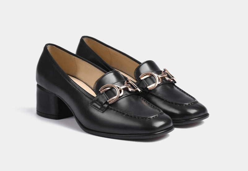 CELIA HEEL LOAFERS IN BLACK LEATHER