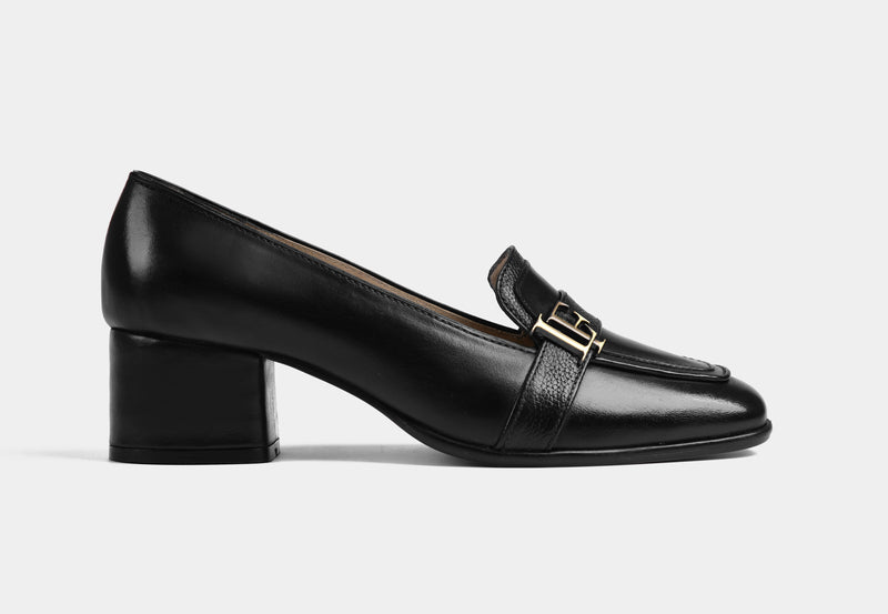 Paula Leather Black Heel Loafers