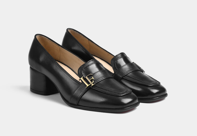 Paula Leather Black Heel Loafers