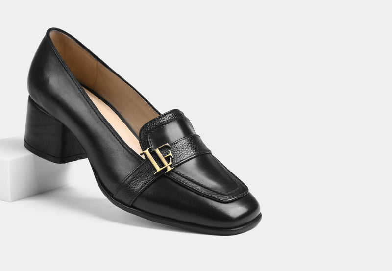 Paula Leather Black Heel Loafers