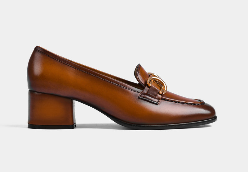 CELIA LEATHER HEEL LOAFERS IN TAN