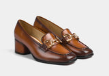 CELIA LEATHER HEEL LOAFERS IN TAN