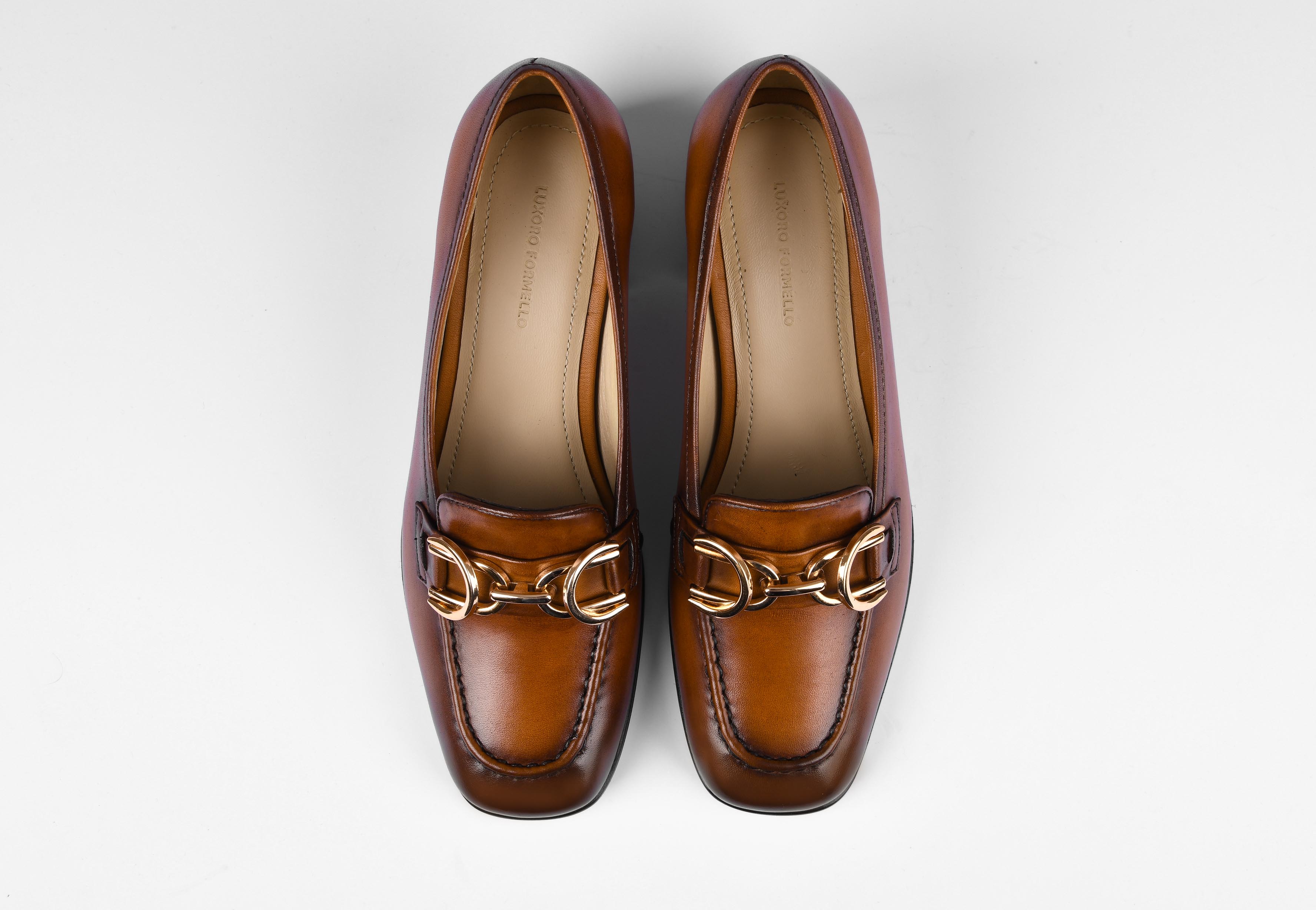 CELIA LEATHER HEEL LOAFERS IN TAN