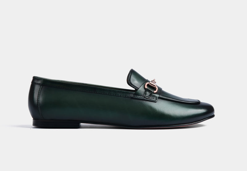 LUCIO GREEN LEATHER WOMEN LOAFERS